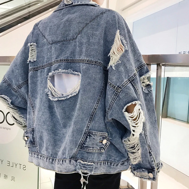 Denim Jacket Y2K Fashion Ripped New Outerwear Streetwear Hip Hop Broken Hole Jackets for Women Women\'s Jeans Jacket