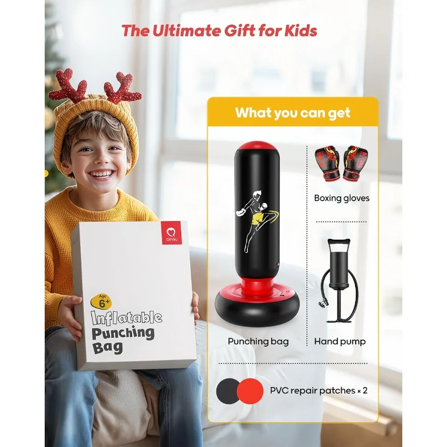 لعبة كيس ملاكمة قابل للنفخ أكبر 66 بوصة مع قفازات ملاكمة لعمر 6-12 سنة معدات مثالية للتمرين الداخلي والخارجي للعلاقات العامة #2