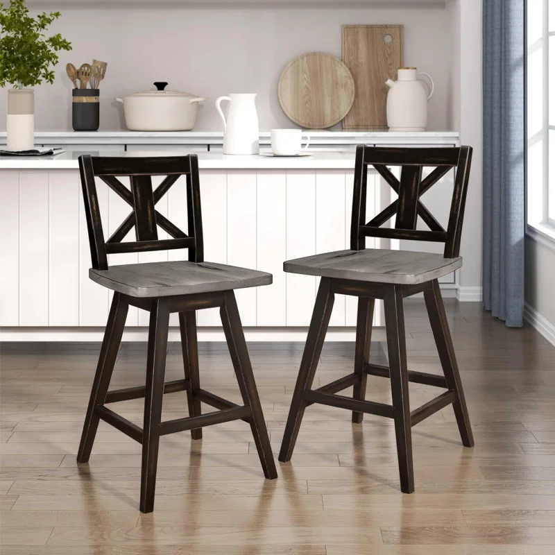 

Black/Set of 2 28.5 Swivel Stools – Solid Wood Slat Back, Foot Rest & Wide, Distressed Farmhouse
