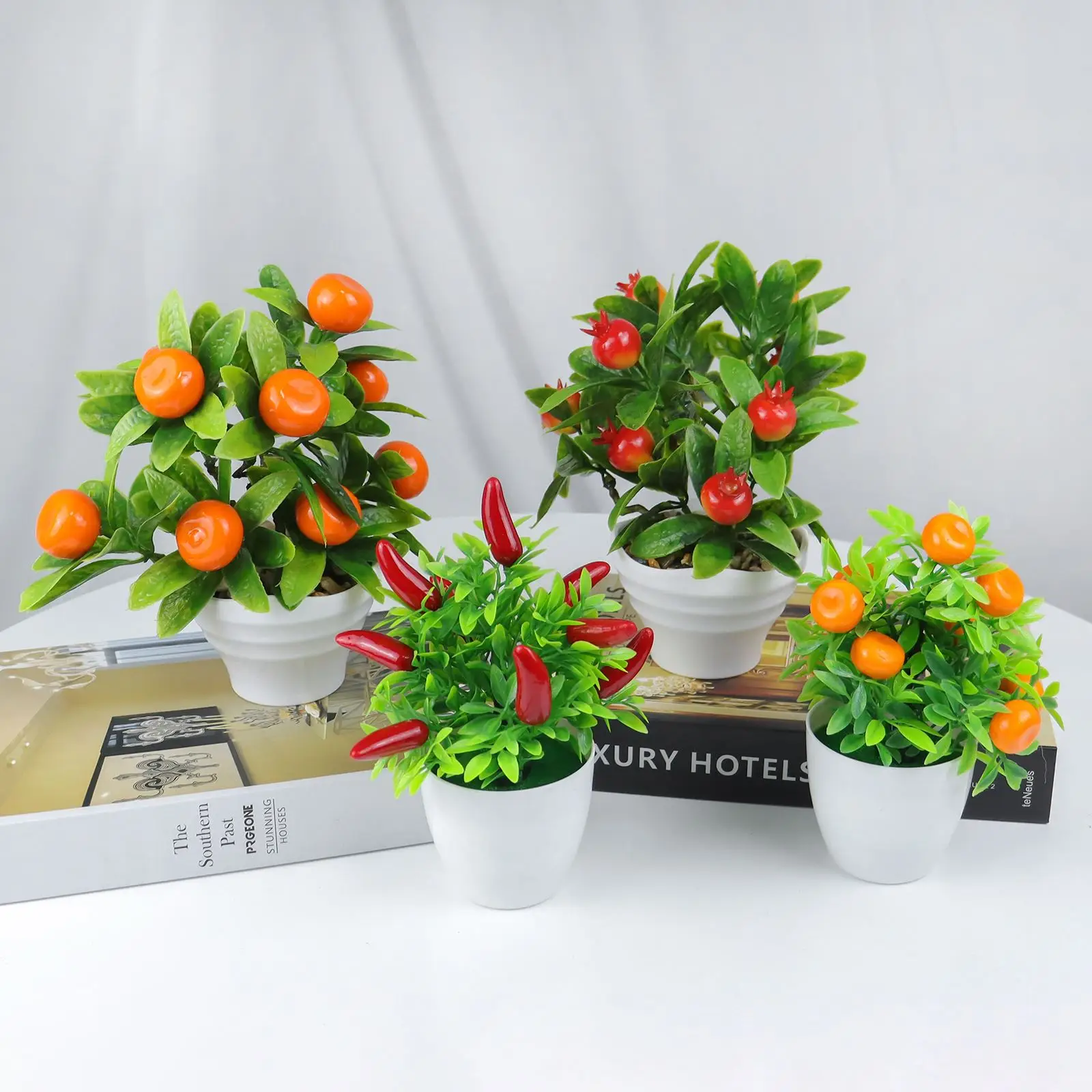 Artificial Plants Bonsai Orange Pomegranate Fruit Chili Tree Potted Windowsill Decor Home Table Decoration Mini Plastic Ornament