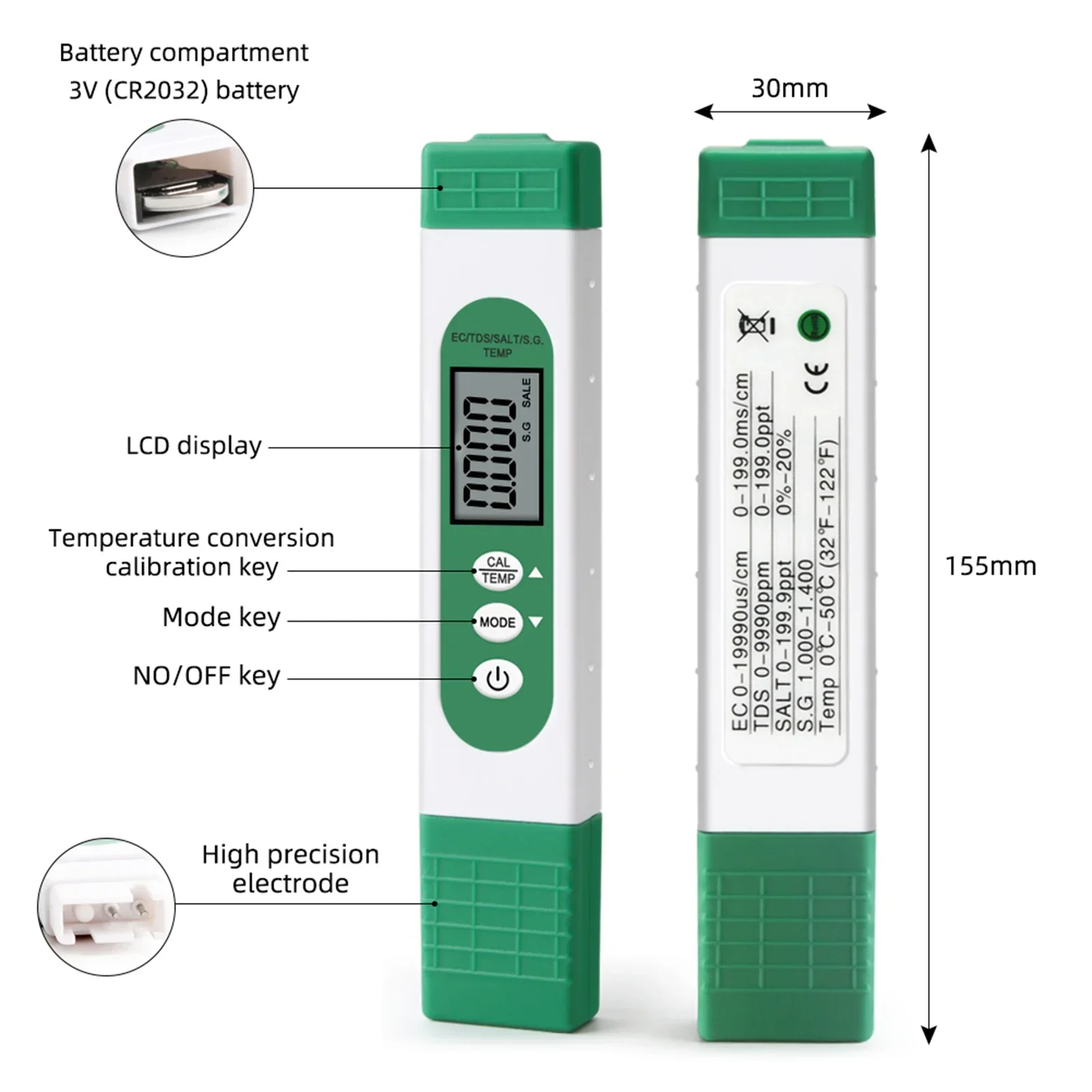 Quality Tester 5 In 1 Portable Water Purity Temperature Ppm Testing Instruments Ec Conductivity Tds Salinity Meter