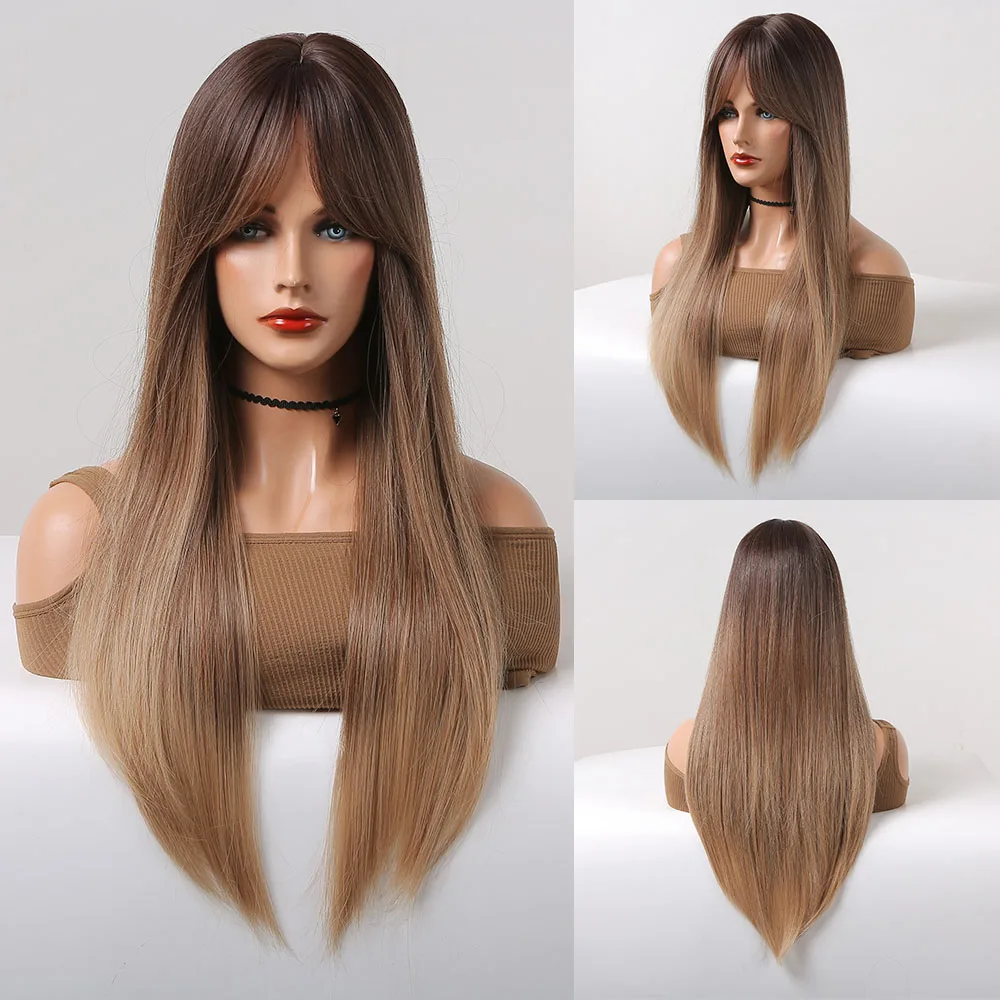 oneNonly Long Straight Synthetic Wigs Brown Wig with Bangs for Women Natural Daily Cosplay Christmas Hair Heat Resista