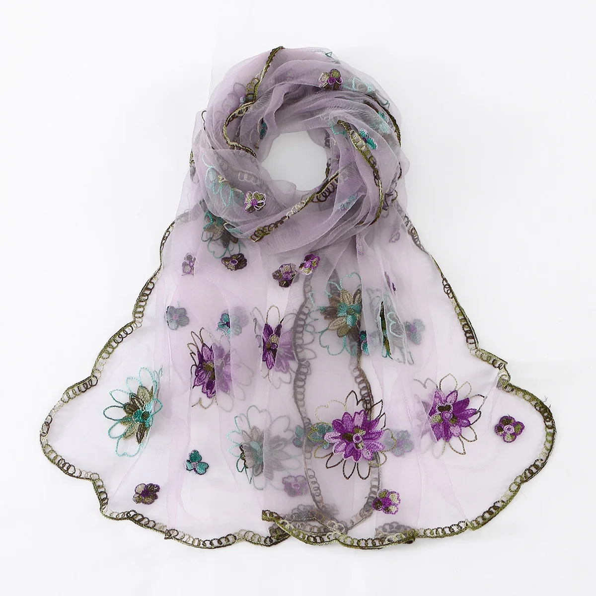 

Lace Organza Floral Embroidered Hijab Tudung, Lightweight Breathable Long Shawl for Muslim Women Daily Wear Headscarf