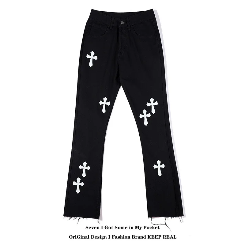 European and American High StreetvibeWind Pants Black and White Cross Destroyed Rough EdgeshiphopFried Street Slightly Flared Je