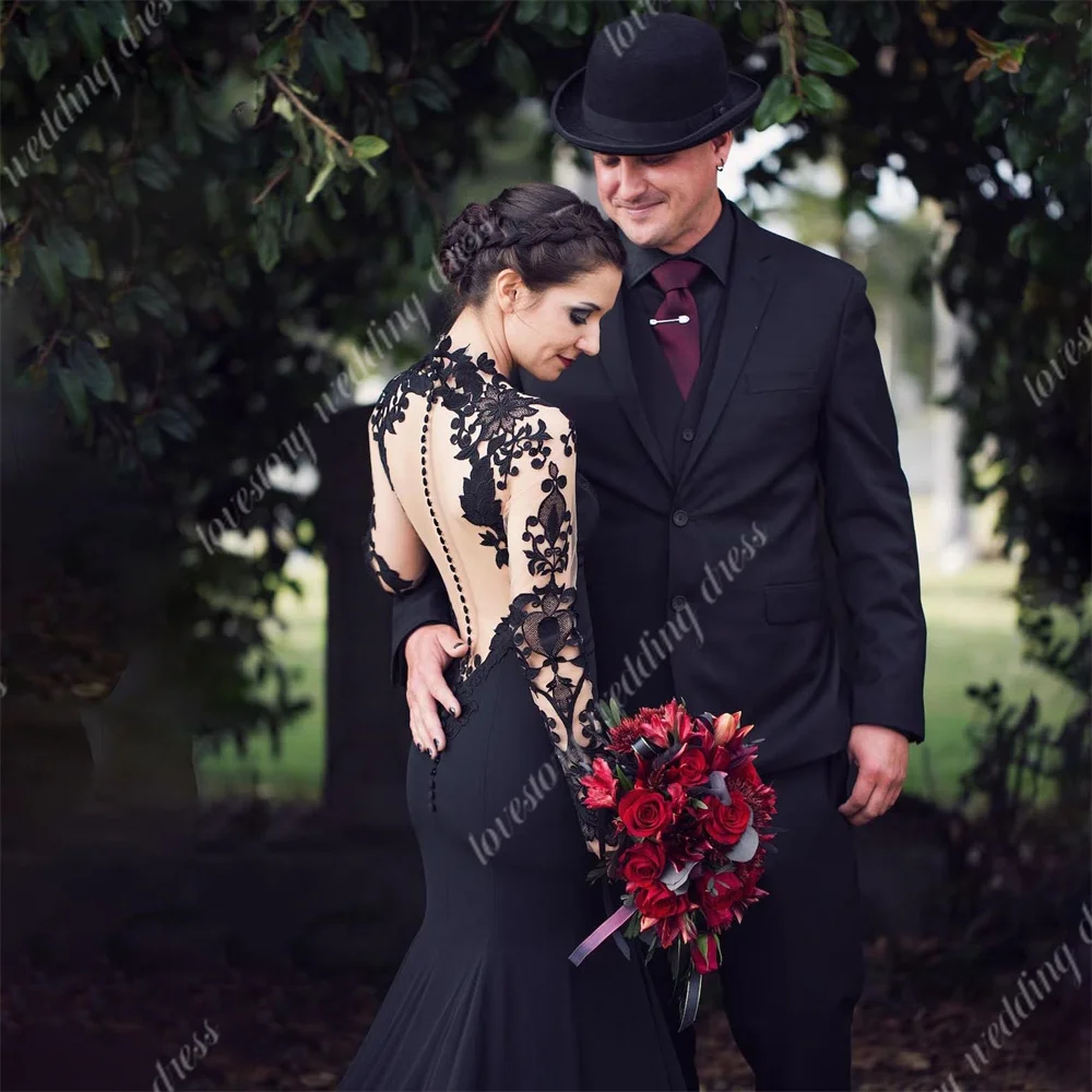 Gotische schwarze Meerjungfrau Brautkleider sexy rücken freie Brautkleider Spitze Applikation Tüll Vintage romantische Vestidos de Novia Robe