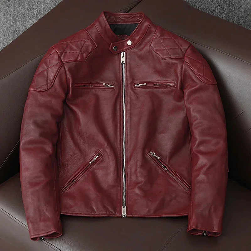 2025 Fashion Biker Men's Leather Jacket Spring and Autumn Slim Quality Wine Red Motorcycle Sheepskin Tanned Soft Male Coat