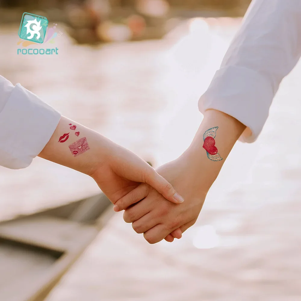 Valentine's Day Waterproof  Tattoo Sticker Patch Cartoon Flash Powder Temporary Sticker Heart Sweet Glitter For Couple Love