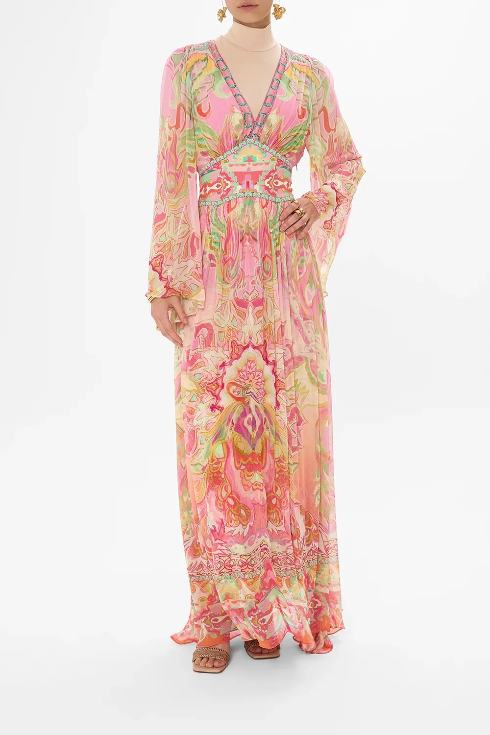 Women Flower Printed V-Neck Beaded 100% Silk Maxi Dress