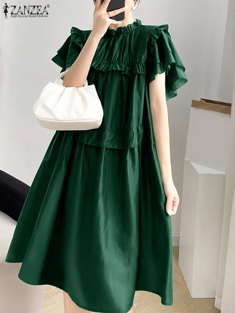 ZANZEA Women Summer Elegant Dress Vintage Pleating Ruffled Mini Robe 2024 Fashion Double Layer Sleeve Vestido Casual Loose Dress