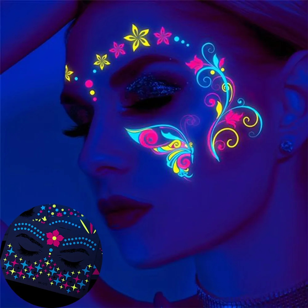 UV Neon Butterfly Flower Face Tattoo Adesivos, Adesivo Corporal Fluorescente Impermeável, Maquiagem Festa do Clube, 14x15cm, 1Pc