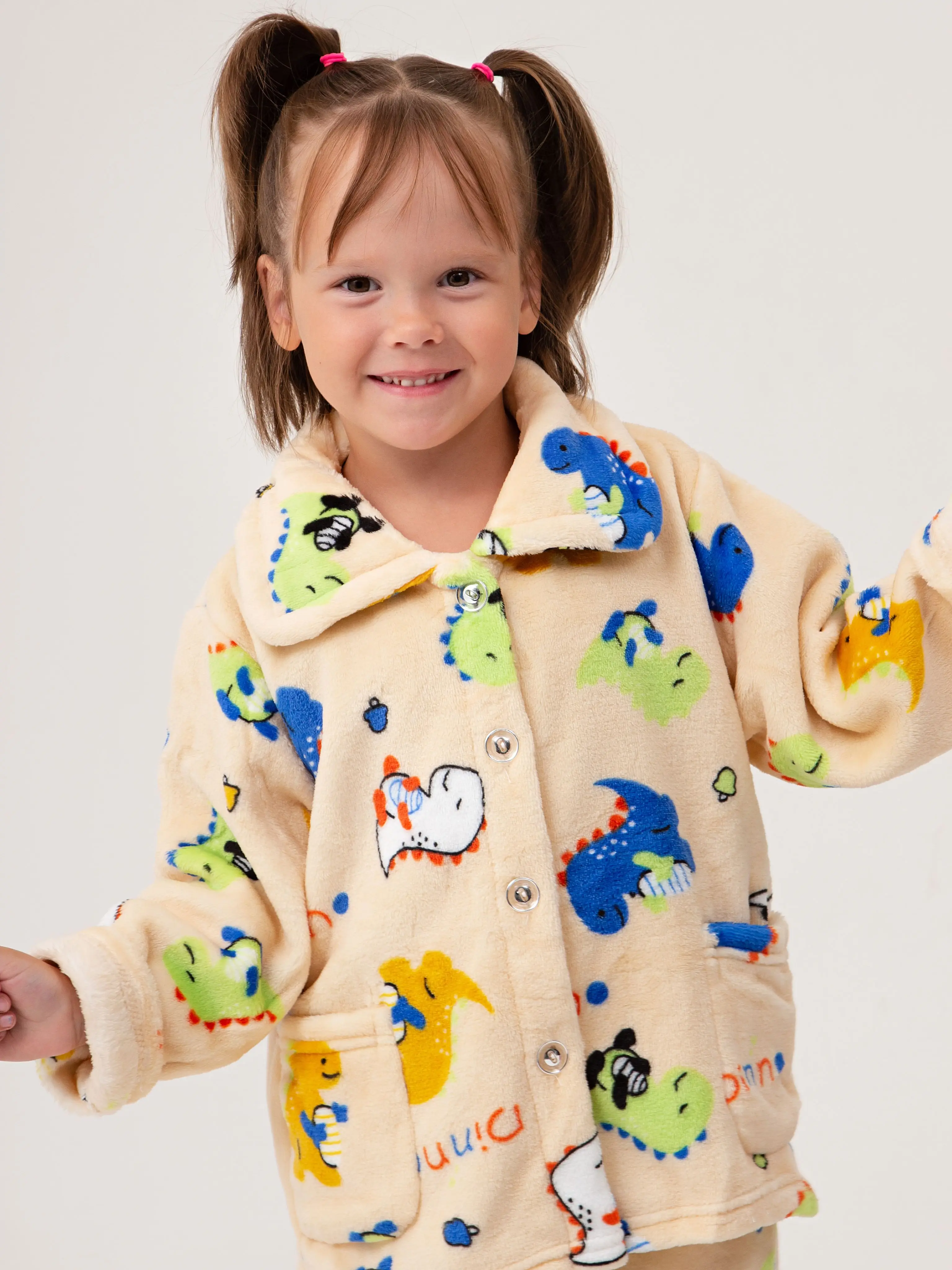 2026 Herbst Winter Kinder Coral-Fleece Schlafanzug-Sets Baby Jungen Mädchen Dinosaurier-Druck Langarm Warme Bequeme Nachtwäsche – Detail 2