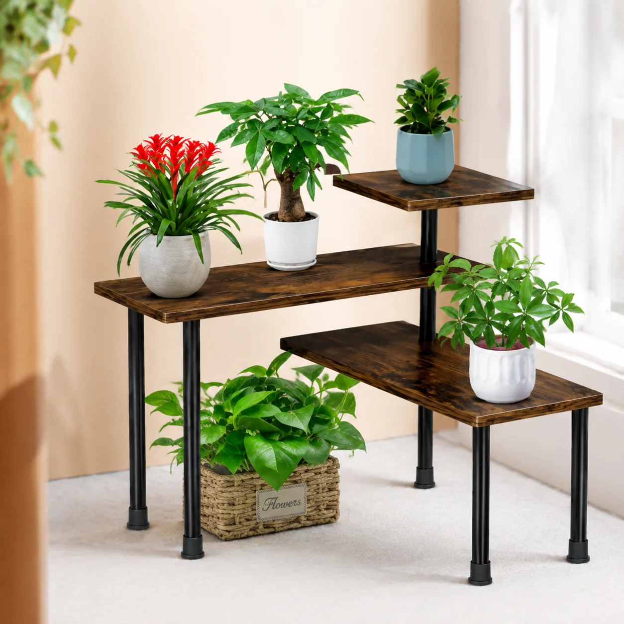 Eckregal 3-stufig, verstellbar mit Holzakzenten, platzsparendes Arbeitsplatten-Gewürzregal & Kaffeebar-Organizer für Küche und Esszimmer – ideal für schmale Zwischenräume, Kapselaufbewahrung, kompakte
