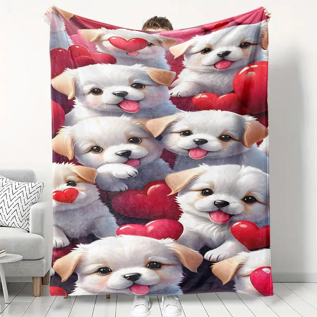 Cute White Puppy Red Heart Romantic Dark Pink Base Flannel Throw Blanket, Soft Warm Sofa Cover, Sweet Gift For Bedroom Rest Use