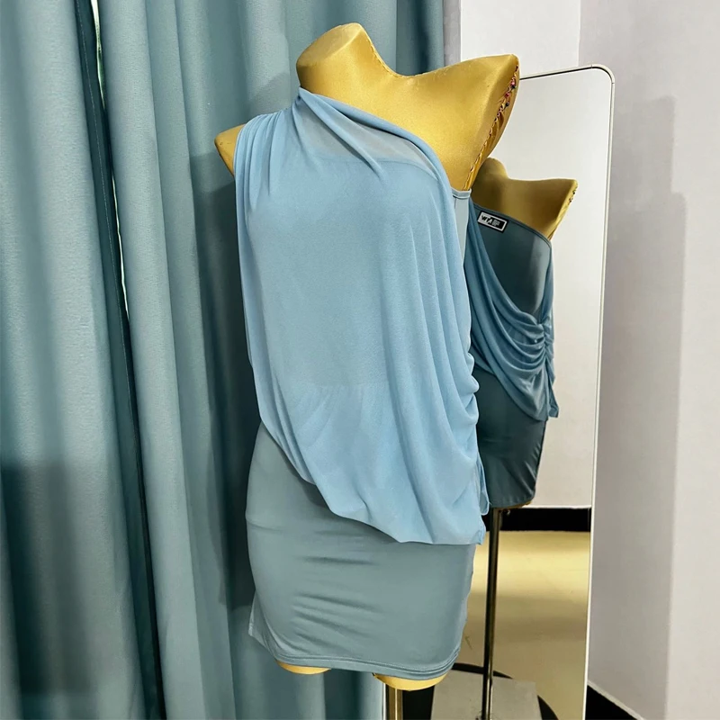 

Костюм для соревнований по бальным танцам для взрослых, румба, синее платье с наклонными плечами для латинских танцев, женская одежда для латинских танцев самбы, SL14557