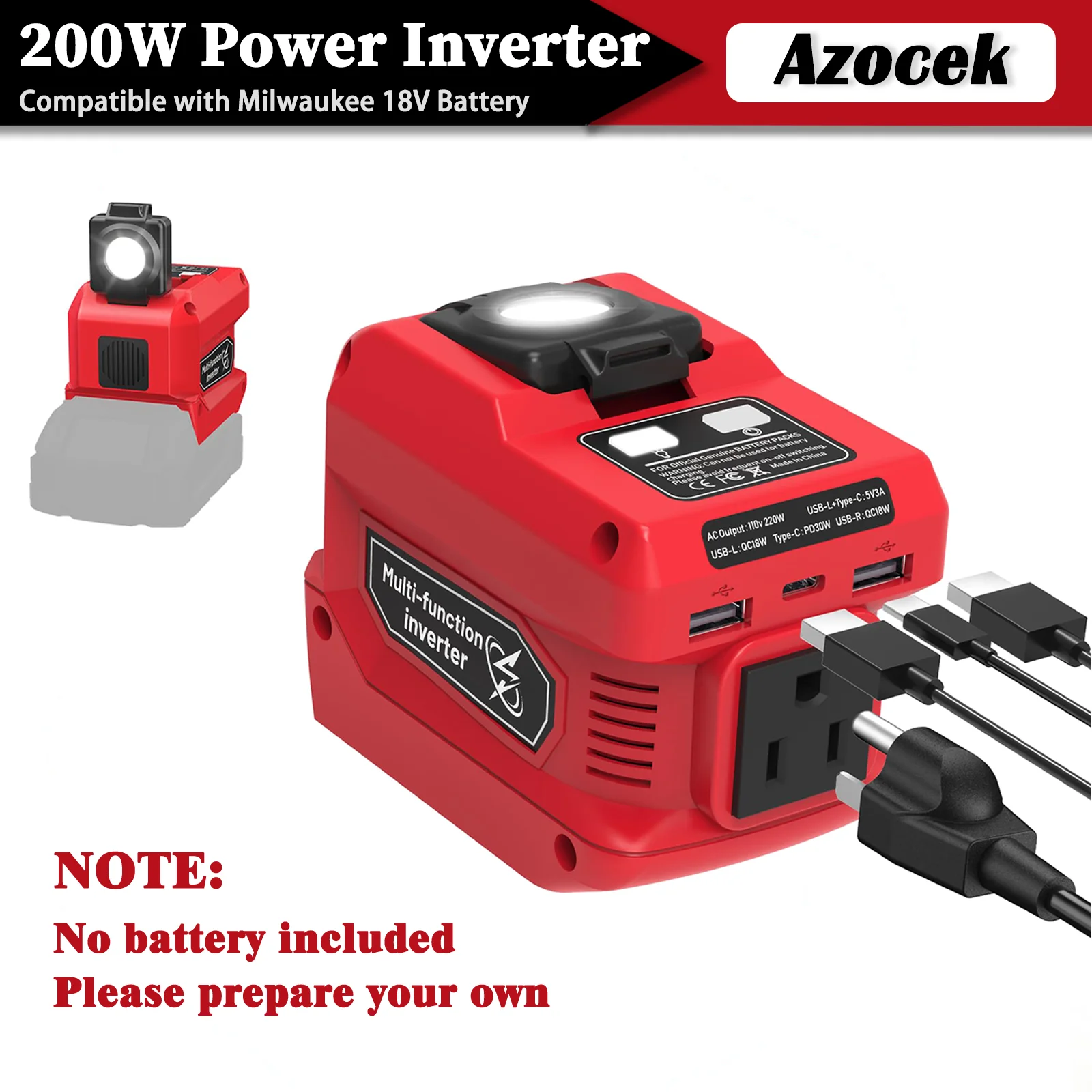 

Портативный инвертор Azocek 220 Вт, совместимый с аккумулятором Milwaukee 18 В, 18 В на 110 В переменного тока, 4 выхода и 300 лм LED, инвертор для автомобиля