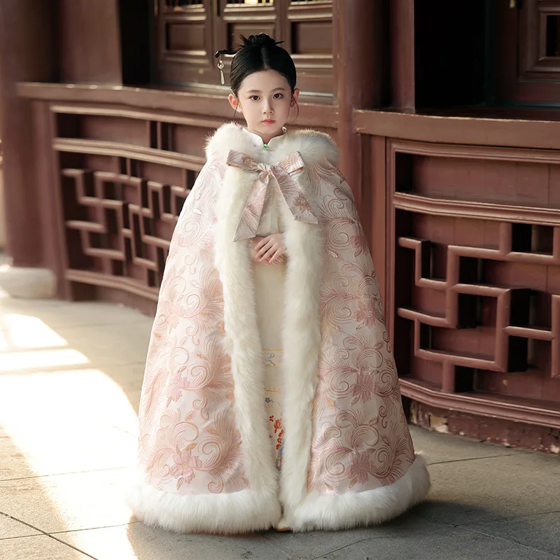 Pardessus à capuche Hanfu pour filles, cape coupe-vent, broderie florale, vêtements du nouvel an chinois, nouvelle optique, chaud, mignon, hiver