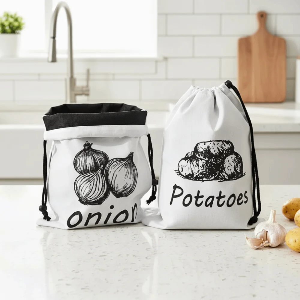Drawstring Design Onion Potatoes Storage Bag with Side Zipper Canvas Vegetable Storage Bag Light-Blocking Breathable