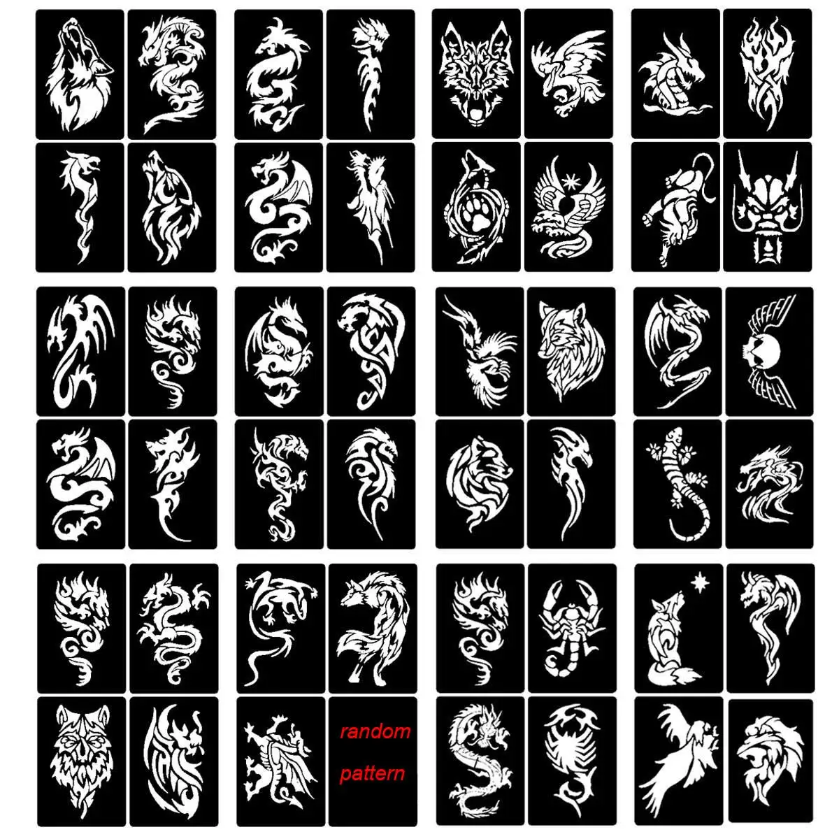 

Набор трафаретов для татуировки хной с животным узором: 48 шт. Временные трафареты для татуировки для лица и боди-арта - 12 листов шаблонов для татуировок