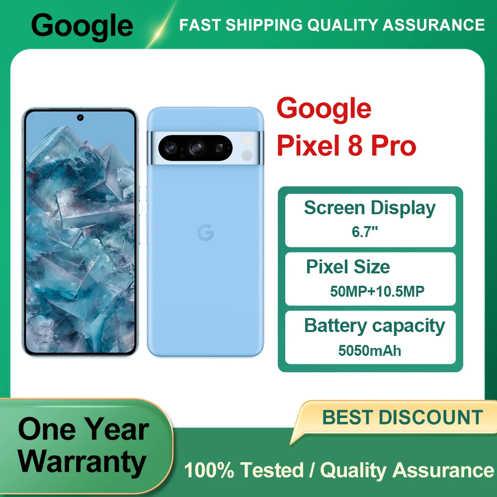 هاتف Google Pixel 8 Pro 5G بشاشة 6.7 بوصة وذاكرة وصول عشوائي 12 جيجابايت وذاكرة قراءة فقط 128 جيجابايت NFC ثماني النواة Google Tensor G3 هاتف ذكي أندرويد غير مقفول
