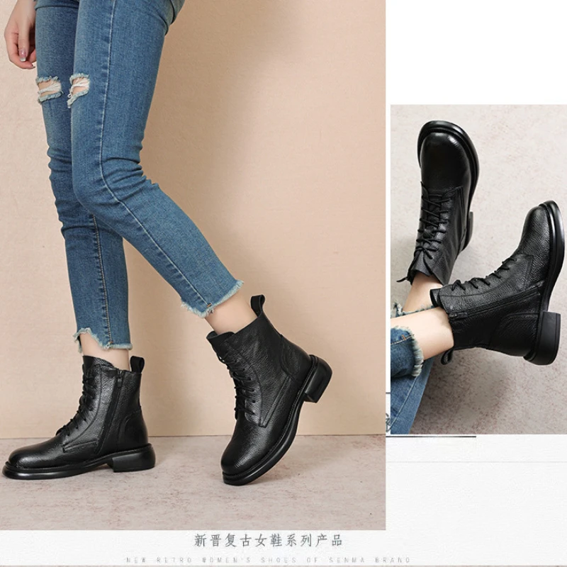 Spring Lady Ankle Boots Genuine Cow Leather Platform Shoes For Women Winter Youth Girls Soft Sole Thick Heel Knight Snow Boots