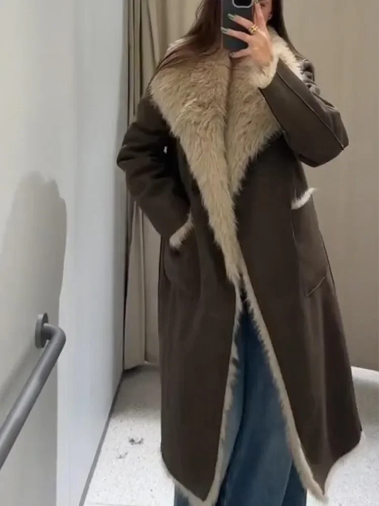

Double Sided Woolen Long Coat Long Fur Leather Patchwork Warm Thicken Lapel Wear On Both Sides Overcoat Women Fluffy Outwear Top