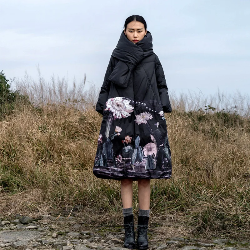 Winter Warm Down Jacket Hooded Scarf Women's Thick White Duck Down Coat High-Quality Design Outerwear Printed Puffer Jacket New