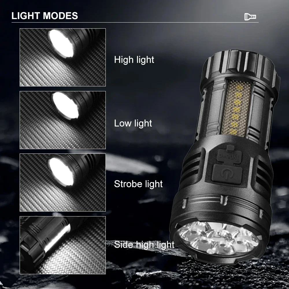 Super Bright 9LED Flashlight with COB Side Light Tactical Torch USB-C Rechargeable Camping Lantern for Outdoor Emergency Hiking