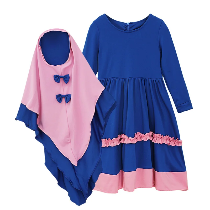 Girls Spring Autumn Dress Kids Long-sleeved A-Line Gown Children Clothes With Bow Hijab 2Pcs Suits New Princess Casual Vestidos