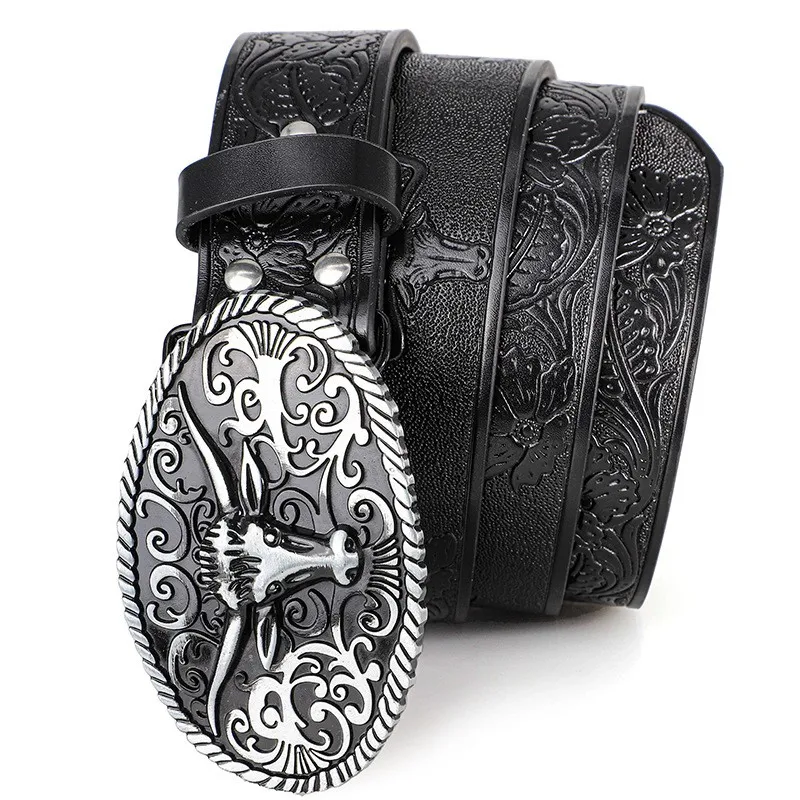 Retro-Trendiger Herren-Gürtel mit Stierkopf-Legierungsschnalle, Western-Stil Prägedruck-Blumenrelief Personalisierter Ethnischer Herren-Gürtel – Detail 6