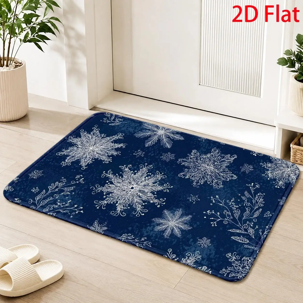 Stunning Navy Blue White Lace Snowflake Design Print Durable Washable Indoor Floor Mat For Modern Cold Season Entryway Layer