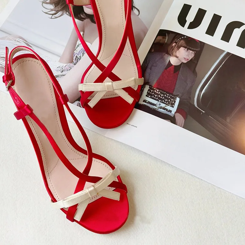 Sweet Bowknot Open Toe Thin Heeled Sandals Women 2024 Summer Sexy Narrow Buckle High Heels Elegant Wedding Dress Shoes Red Pumps