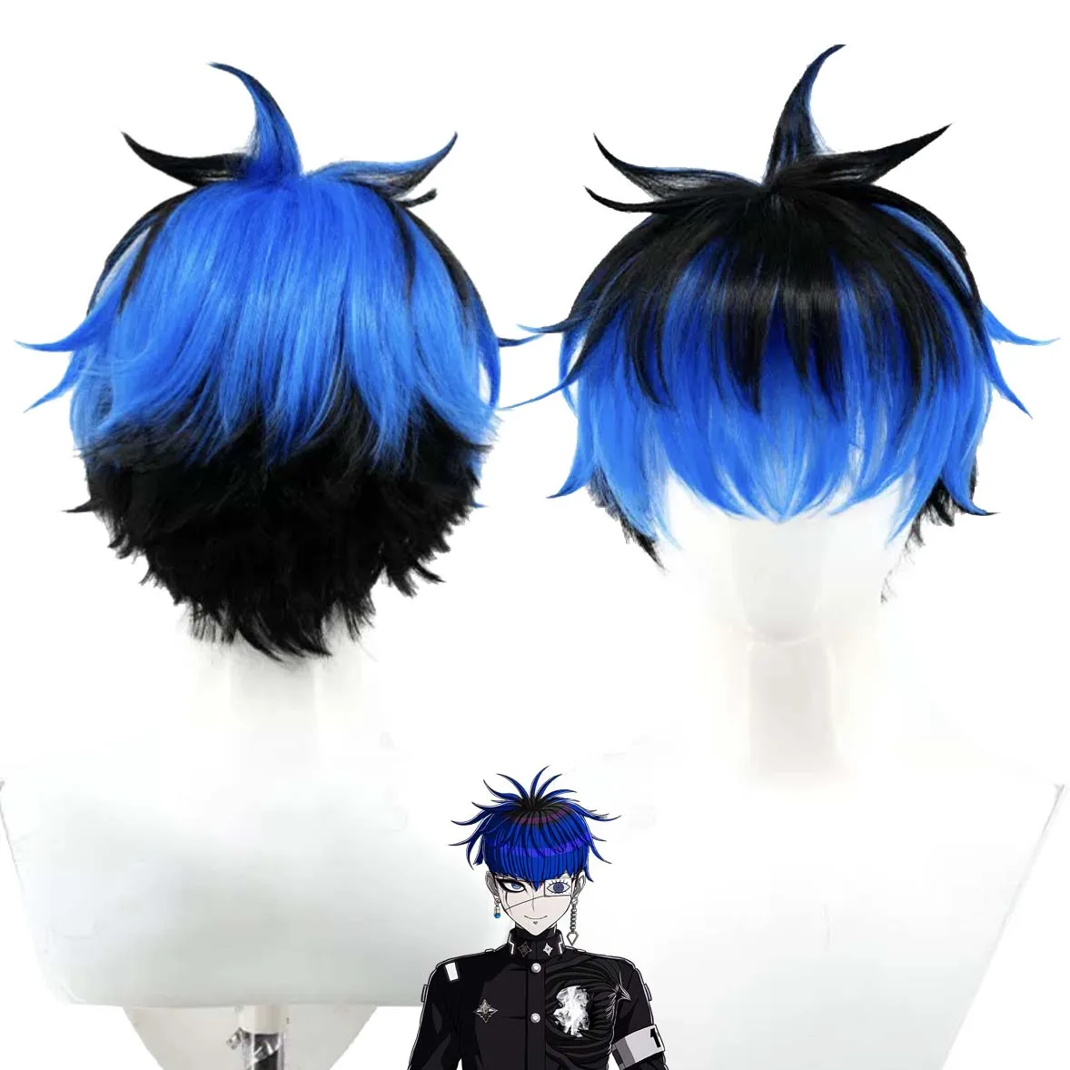Game Hundred Line Cosplay Omokage Yugamu Short Black Mixed Blue Heat Resistant Synthetic Hair Wig