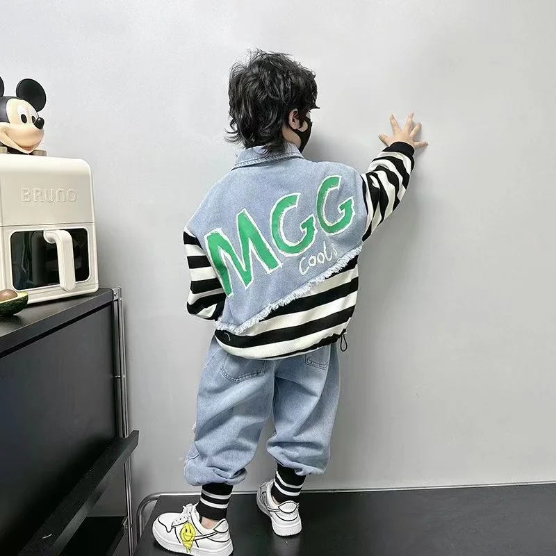 Boys Clothing Sets New Fashion Spring Autumn T-shirt + Denim Pants 2Pcs Patchwork Clothing For Children 5 6 8 Year