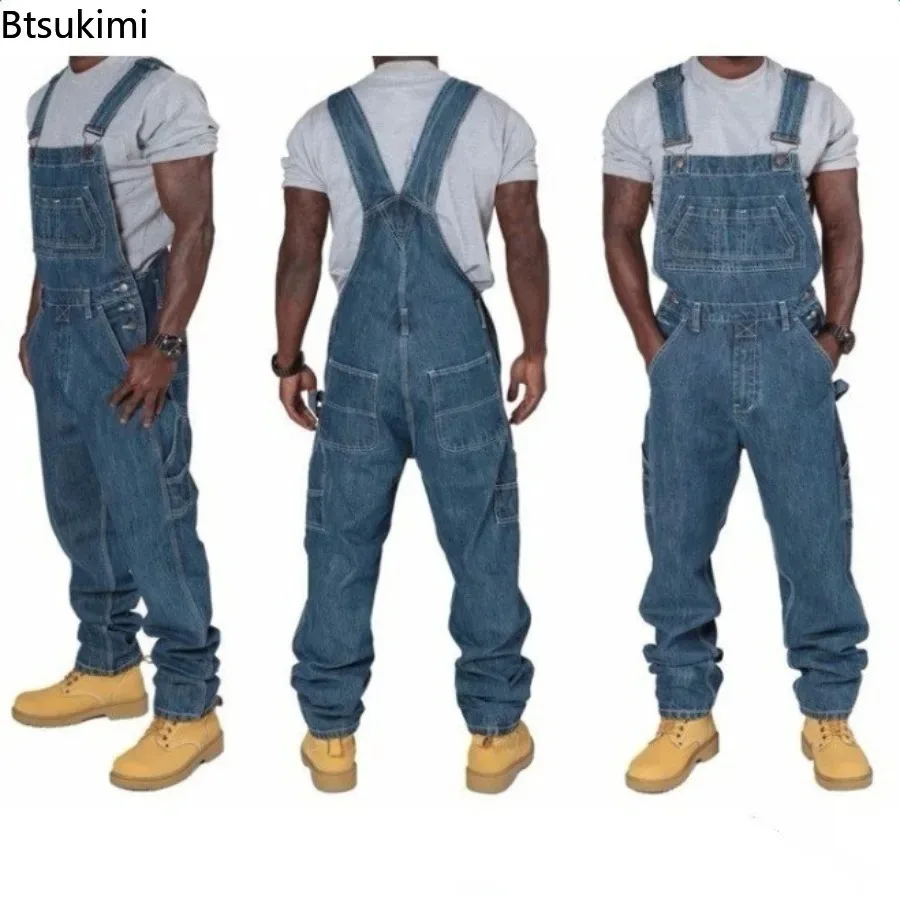 2026 Men Jeans Overalls Multi Pockets Casual Loose Long Denim Pants Trendy Splice Straight Rompers Autumn Street Jeans Plus Size