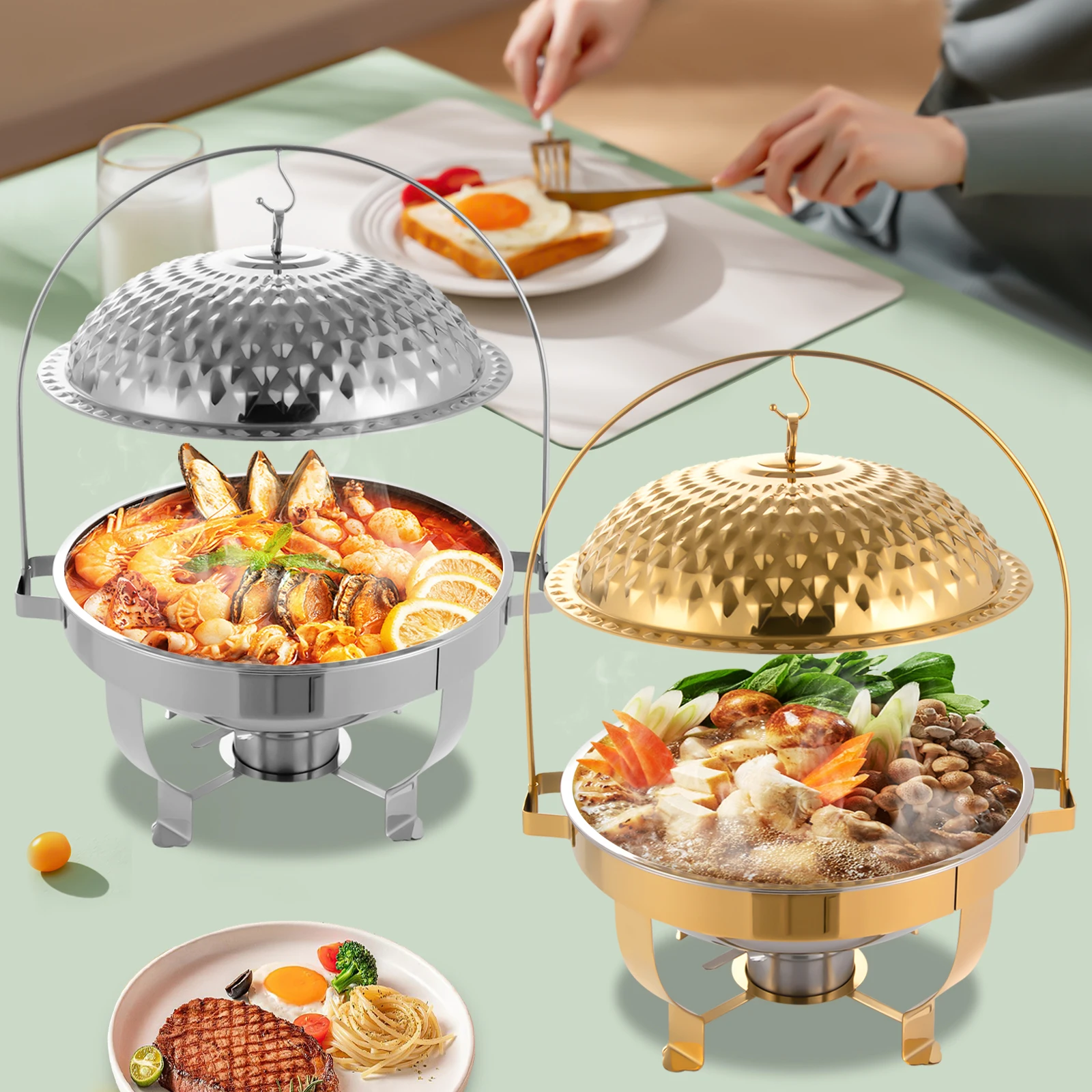 

8L Stainless Diamond Hanging Lid Dining Stove Party Chafing Dish Buffet Set Gold/Silver