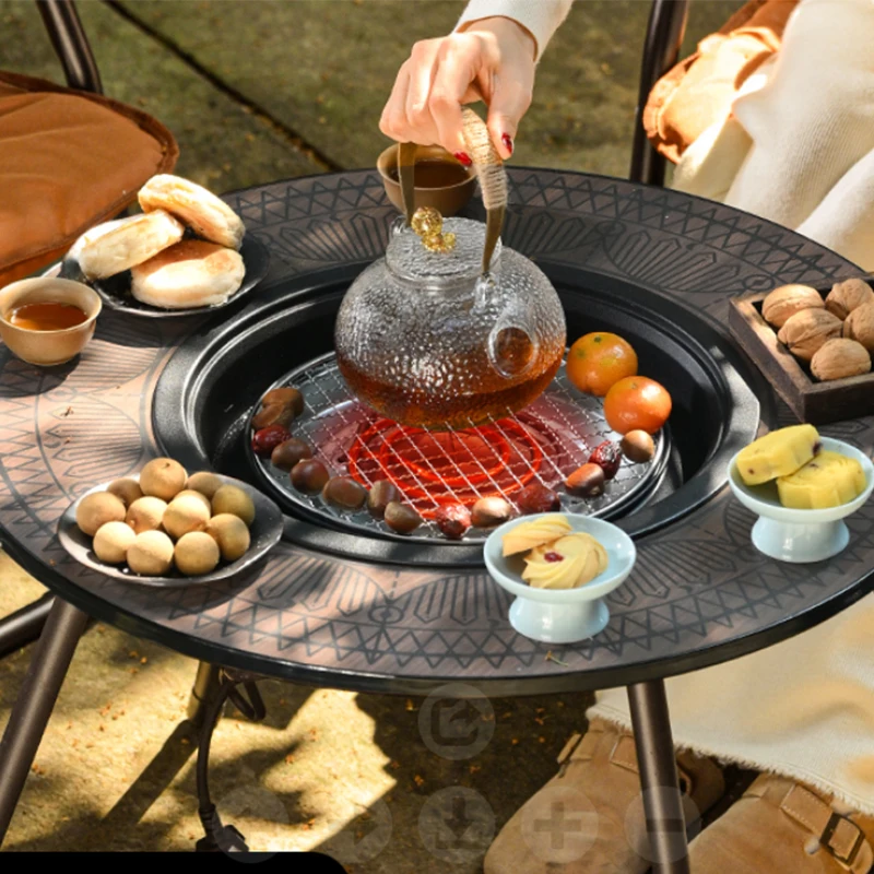 

Folding Barbecue Round Table Outdoor IGT Cooking Tea Roasting Stove Set Camping Barbecue Grill Courtyard Gathering Tea Table