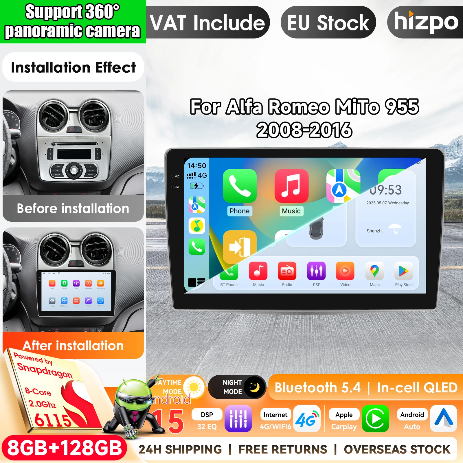 Hizpo 9 Zoll Carplay 4G LTE WIFI 2 Din Android Autoradio Multimedia-Player für Alfa Romeo MiTo 955 2008-2016 Kabelloses CarPlay Android Auto GPS-Navigation Autoradio mit Snapdragon 6115 Bluetooth 5.4