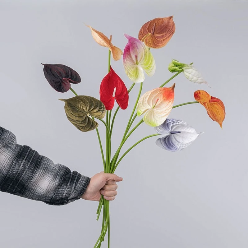 1 Uds. De flores artificiales de PU, ramo de novia de Anthurium, decoración de boda, flores de palma falsas, arreglo Floral de mesa de fiesta en casa
