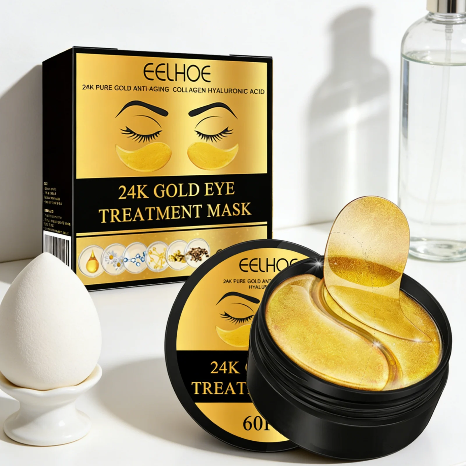 EELHOE 24k Gold Eye Treatment Mask Collagen Hyaluronic Acid Anti Wrinkle Reduce Dark Circles Daily Skin Care Under Eye Patches