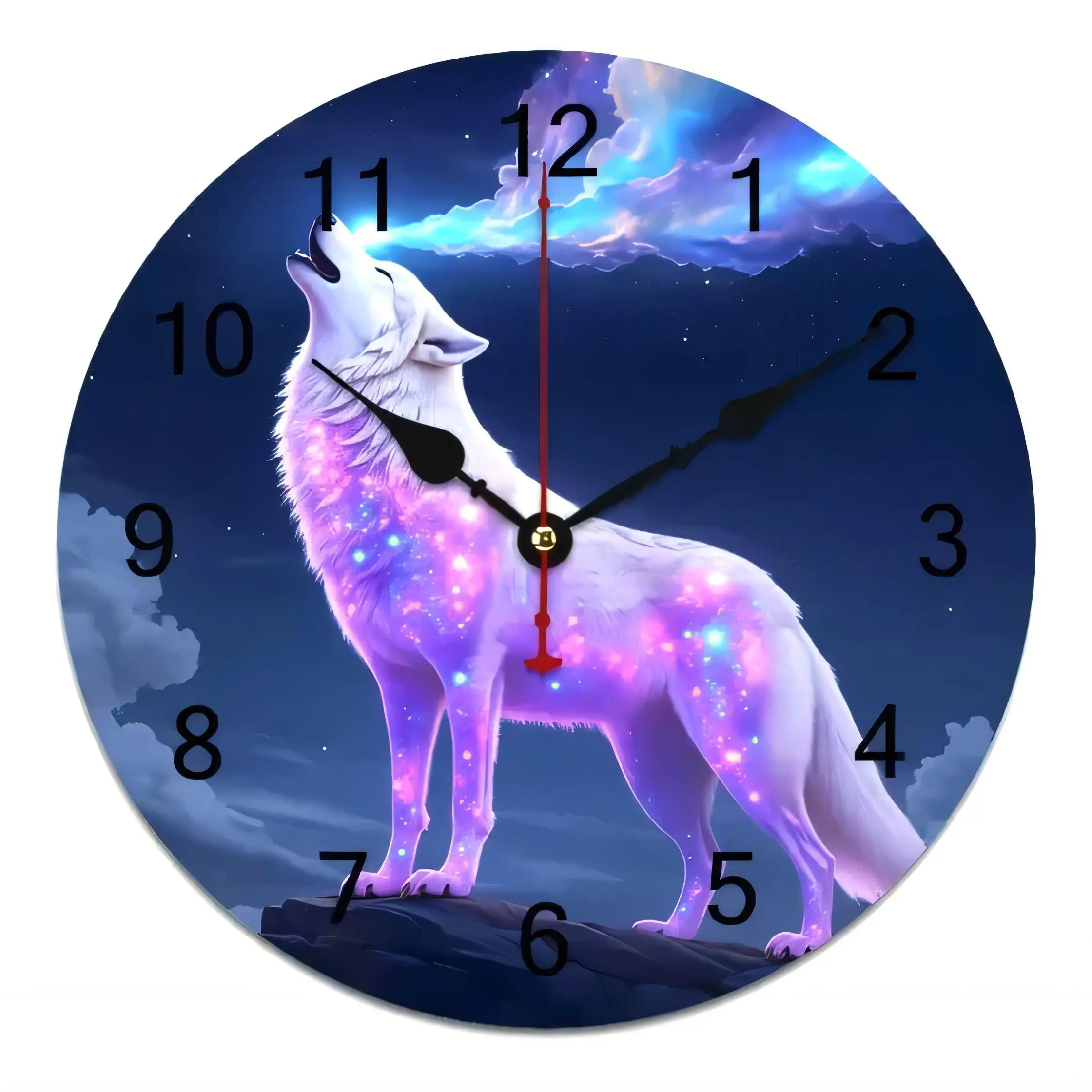 Mystical White Wolf Howling at Moon Cosmic Wall Clock  Decorative Art Home Office Living Room Silent Non Ticking Battery Operate