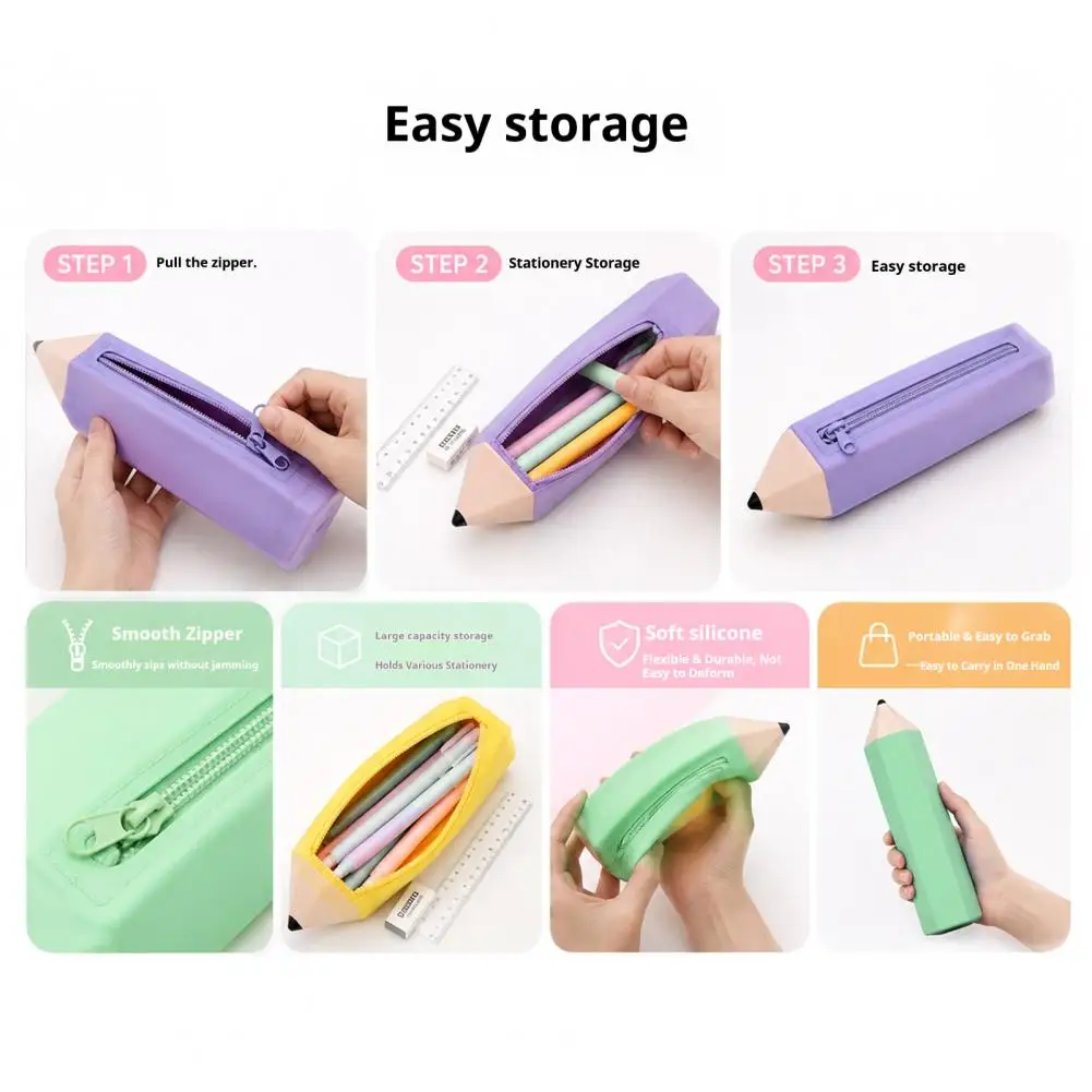 Portable Pen Holder Waterproof Silicone Pencil Case with Zipper Stationery Organizer Pouch for Pens Erasers Rulers School