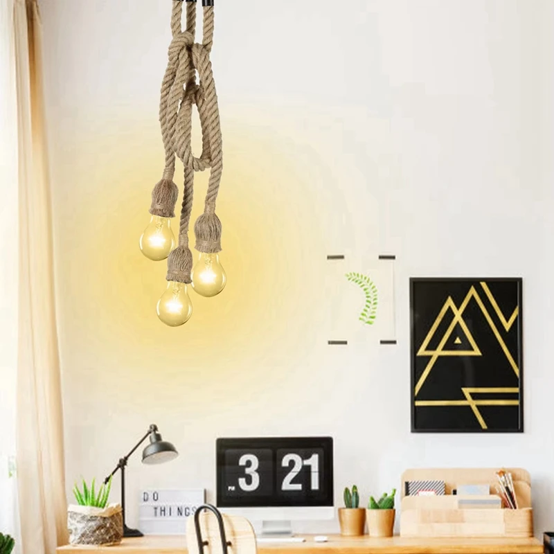 ABKP-1M Lampadario industriale a 3 teste a LED Lampada da soffitto retrò in corda di canapa Decorazioni per la casa Lampade a sospensione senza luce