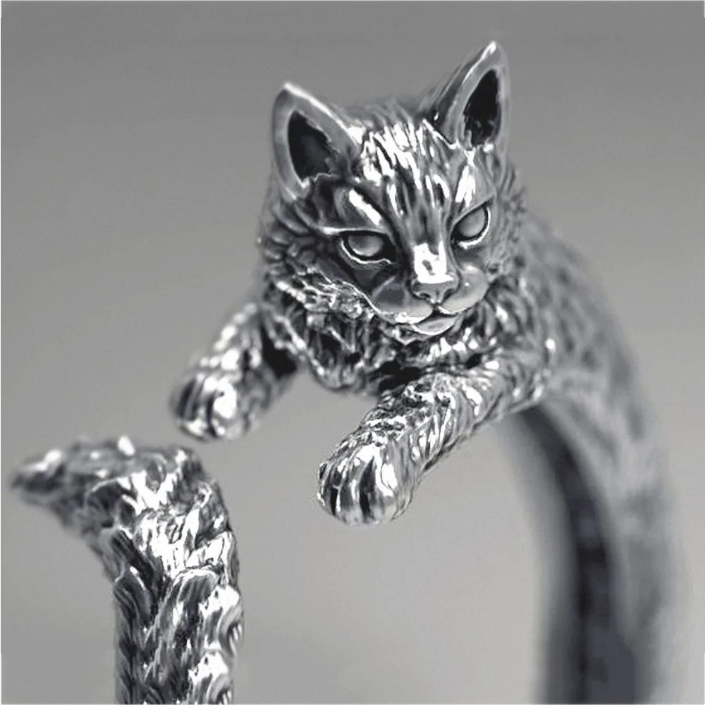 Vintage Silver Color Cat Ring Terrible Evil Witch Cat Opening Ring Cocktail Party Women's Cute Pet Ring Anniversary