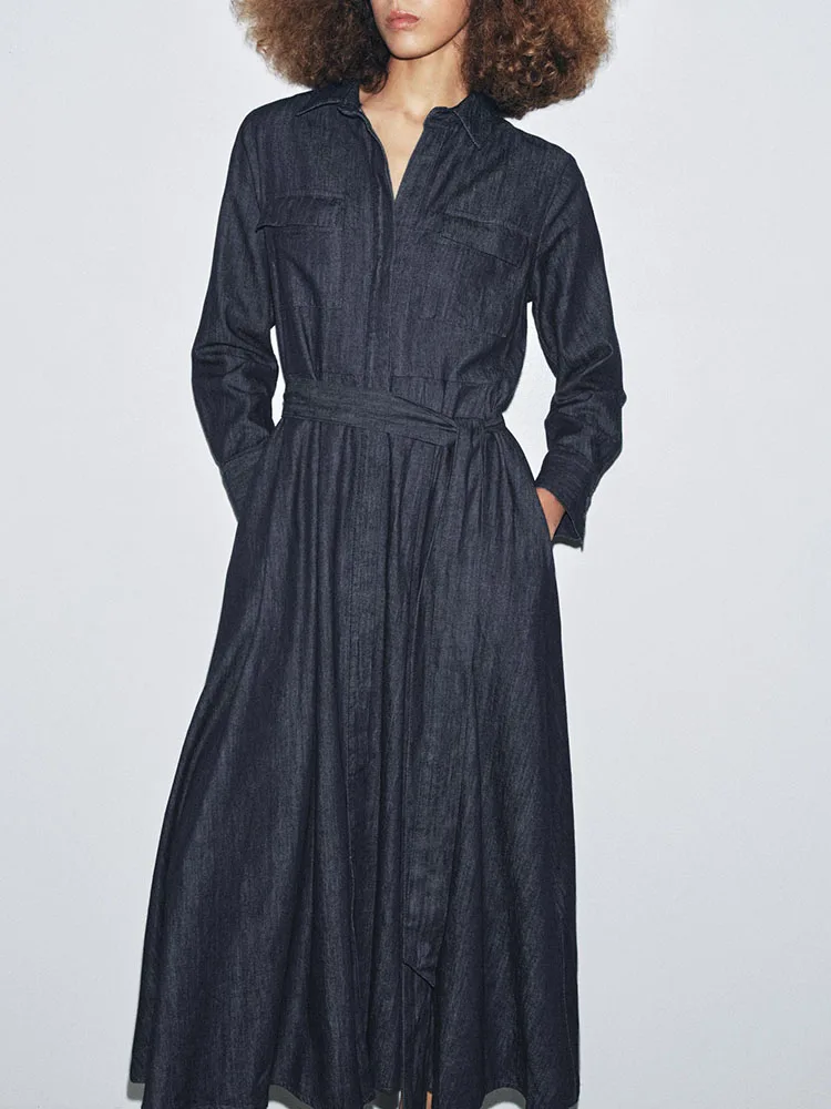 

Faionable Sexy Sweet Denim Dr with Belt New Arrival Autumn 2025 Women's Clothing Ele Long Sve mid Waist Gown