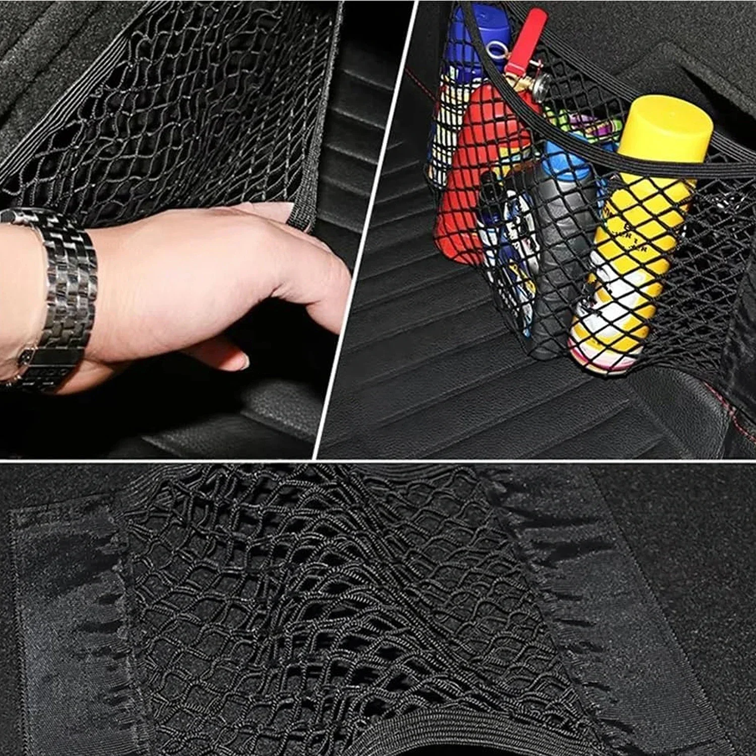 Paquete de 2 redes elásticas para organizar el maletero del coche: red organizadora con cinta adhesiva, sin necesidad de taladrar, fabricada en nailon flexible, para sujetar objetos y evitar que se rueden, ideal para botellas, herramientas, se adapta al maletero y al respaldo del asiento trasero, compatible con la mayoría de los coches, SUV y camionetas.