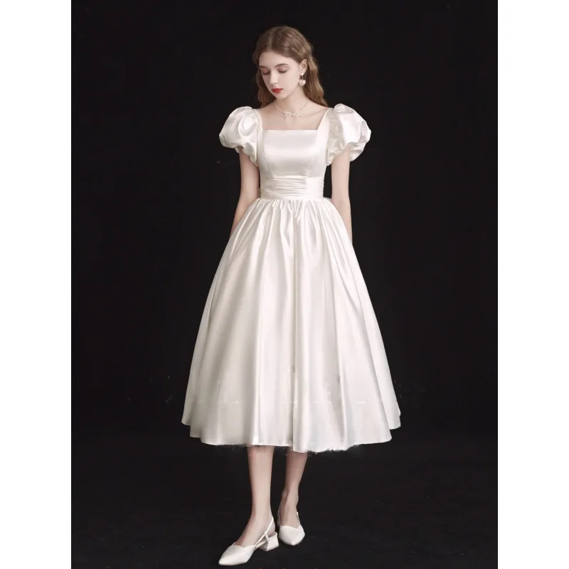 

MK1862-White puff sleeves elegant dress