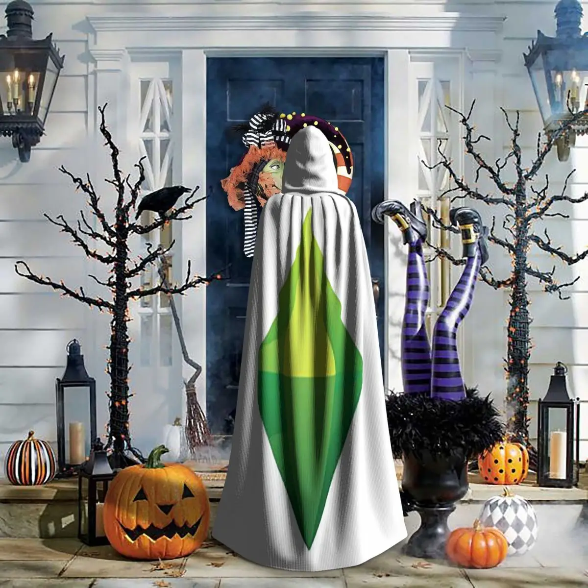 عباءة Sims 4 Plumbob الطويلة ذات القلنسوة الساحرة في القرون الوسطى زي تنكري معطف الهالوين للبالغين للجنسين #5