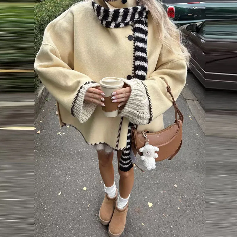 معاطف خارجية أنيقة بياقة واقفة وأزرار للنساء معاطف فضفاضة غير متماثلة بأكمام طويلة وخياطة متباينة