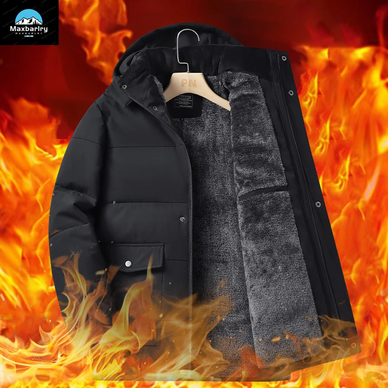 Casaco com capuz espesso forrado a lã masculino, parka quente casual, casaco monocromático, marca de luxo, negócios, inverno, 2023