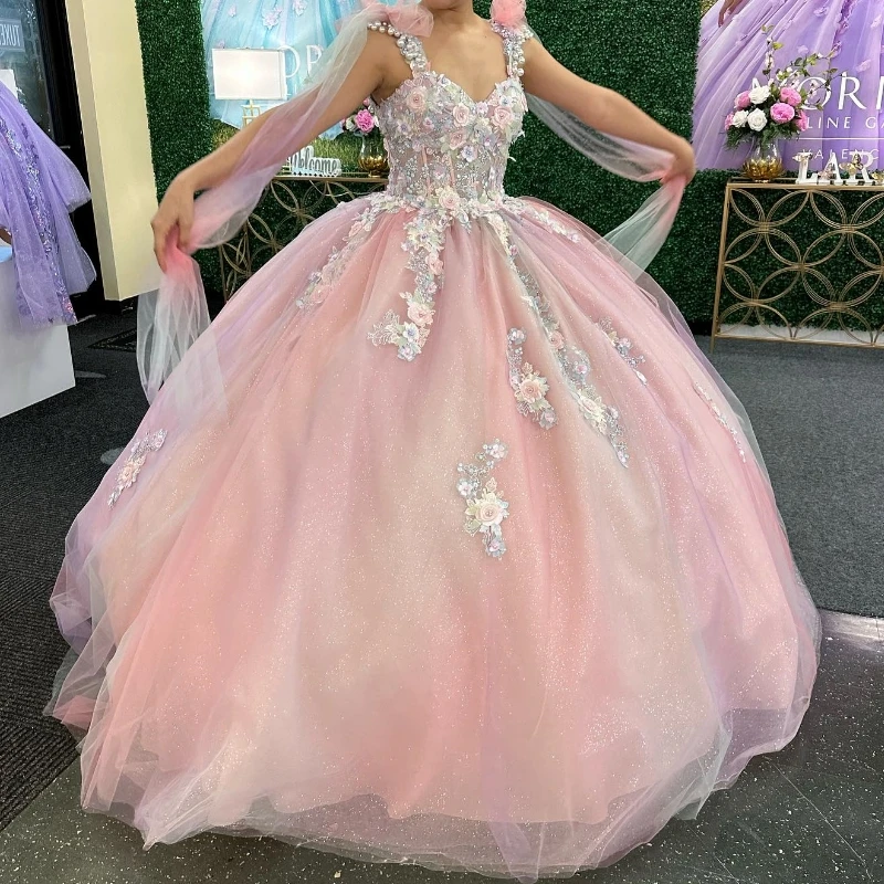 

Pink Shiny Sweetheart Quinceanera Dress Lace Applique Sequins Beading With Cape Mexican Sweet 16 Vestidos De XV 15 Anos